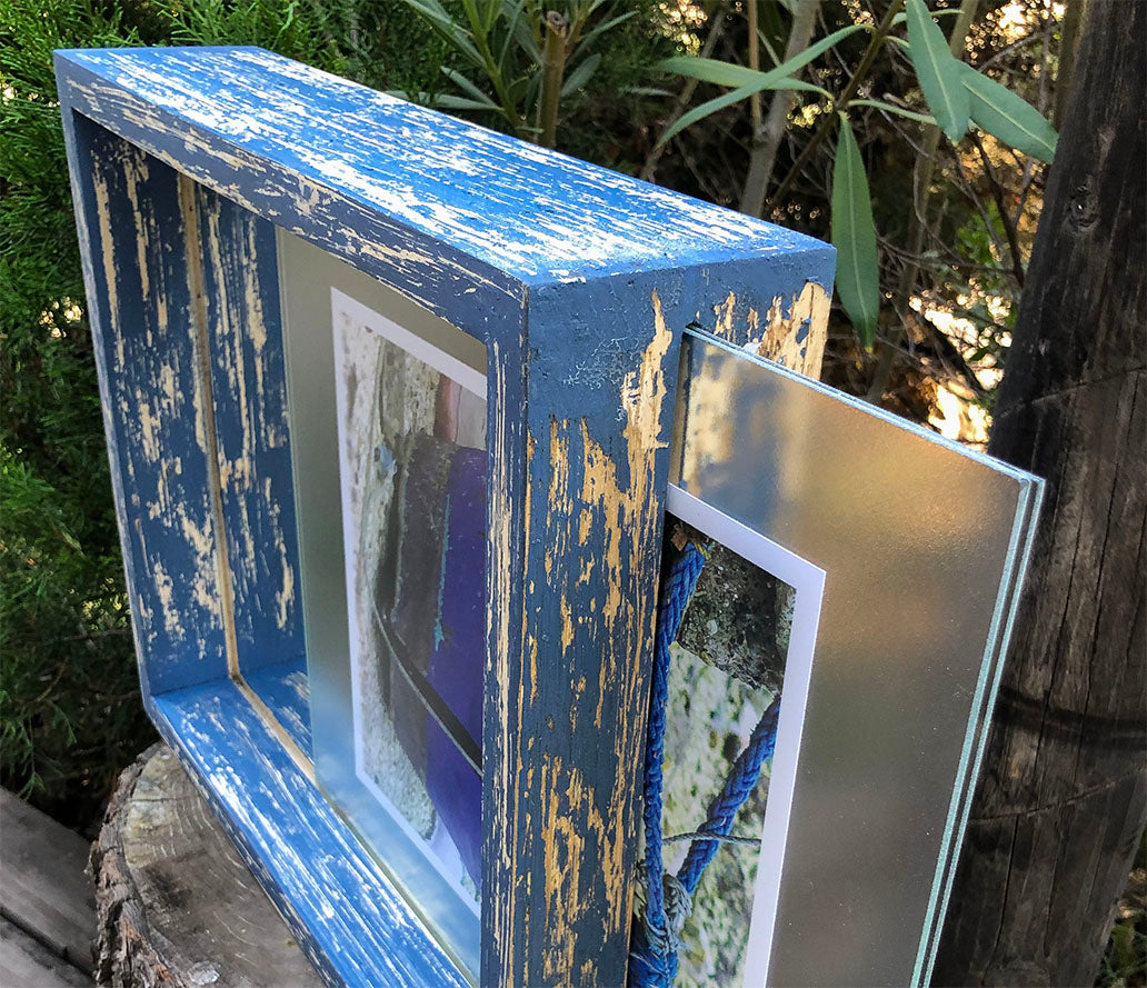 Cuadro Decorativo Marco Azul y Crudo Vintage